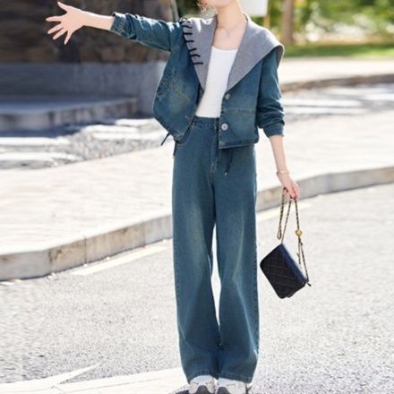 デニムセットアップ レイヤード風ジージャンとワイドパンツの上下セット