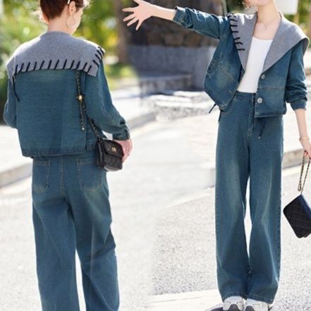 デニムセットアップ レイヤード風ジージャンとワイドパンツの上下セット