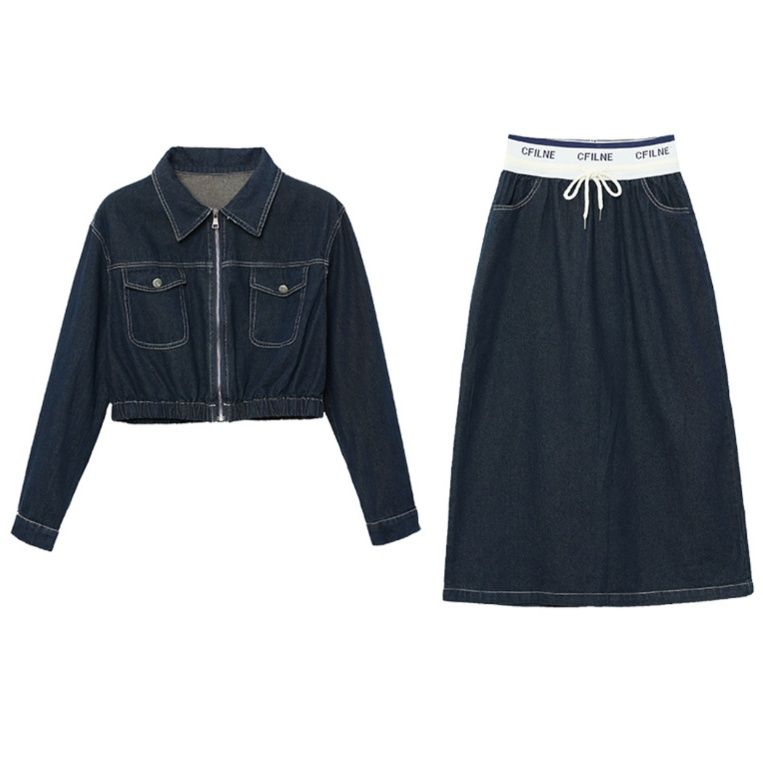 デニムセットアップ ショート丈ジャケットとスカートの上品デニムセットアップ