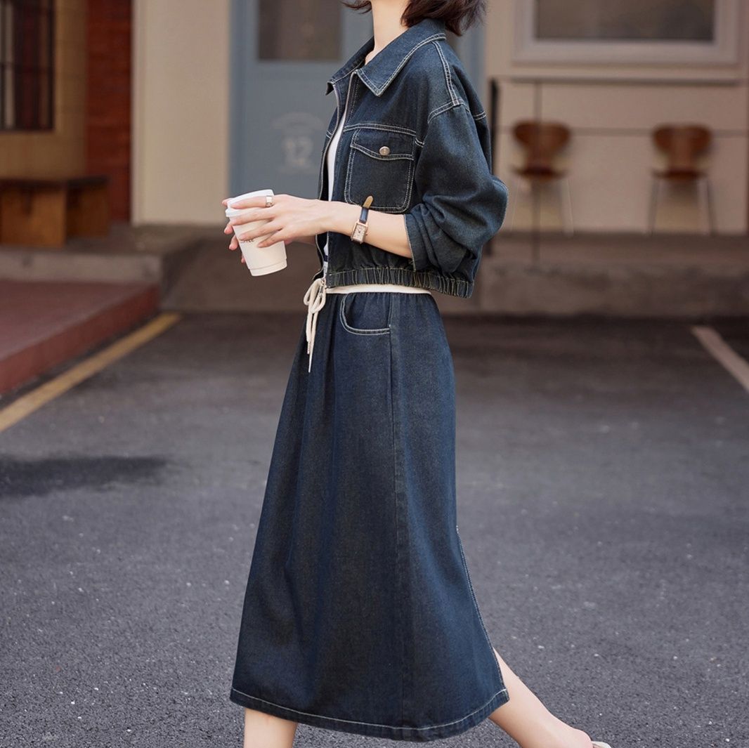 デニムセットアップ ショート丈ジャケットとスカートの上品デニムセットアップ