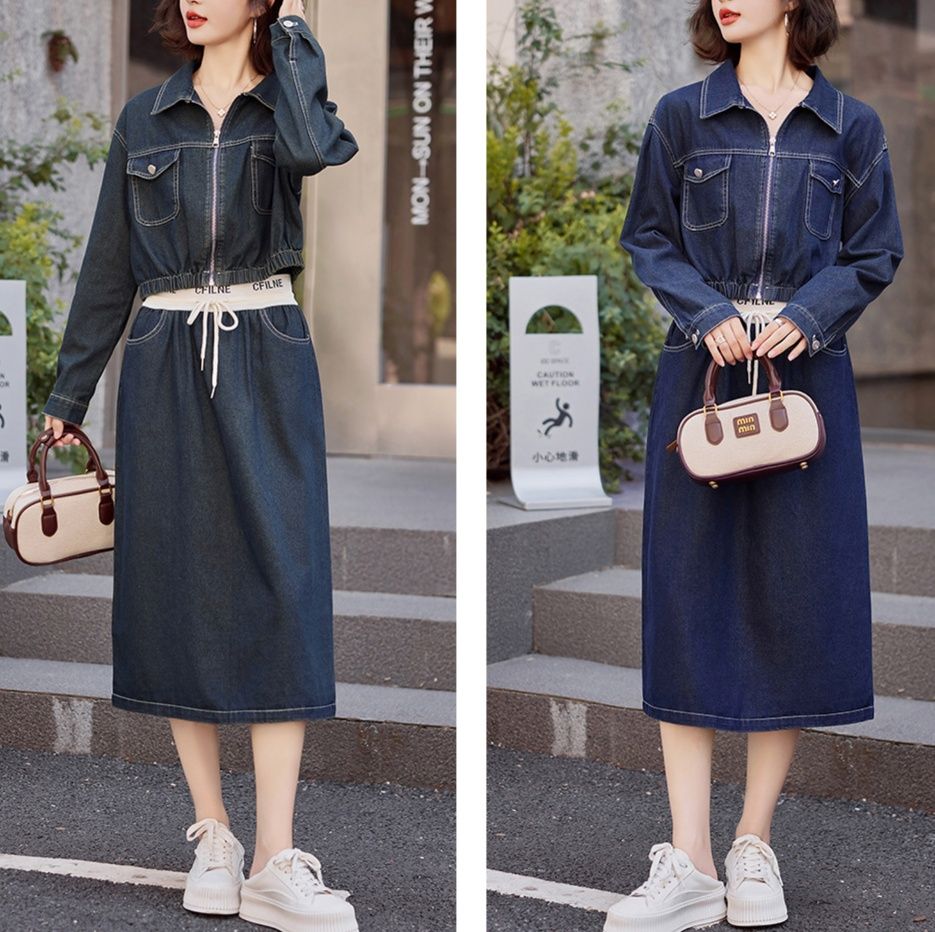 デニムセットアップ ショート丈ジャケットとスカートの上品デニムセットアップ