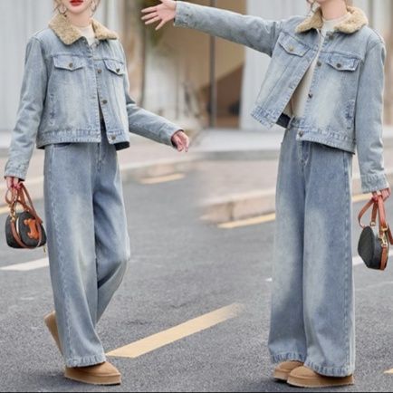 デニムセットアップ 裏起毛 ボア付きジージャンとワイドパンツの上下セット