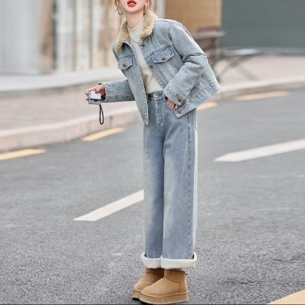 デニムセットアップ 裏起毛 ボア付きジージャンとワイドパンツの上下セット