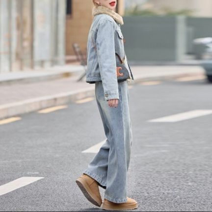 デニムセットアップ 裏起毛 ボア付きジージャンとワイドパンツの上下セット