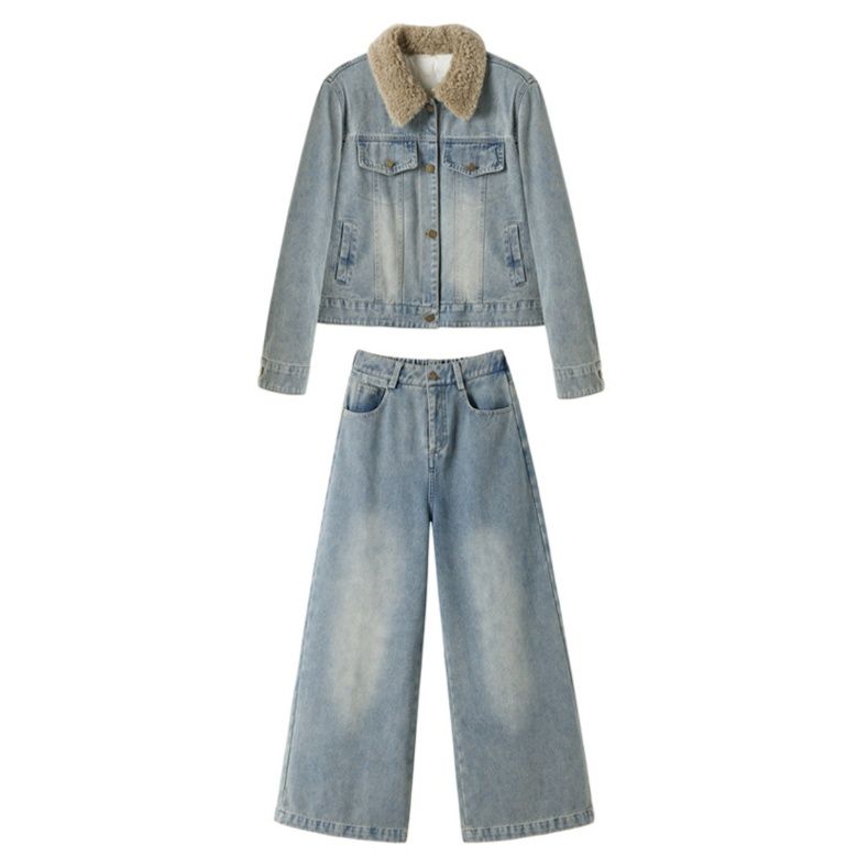 デニムセットアップ 裏起毛 ボア付きジージャンとワイドパンツの上下セット