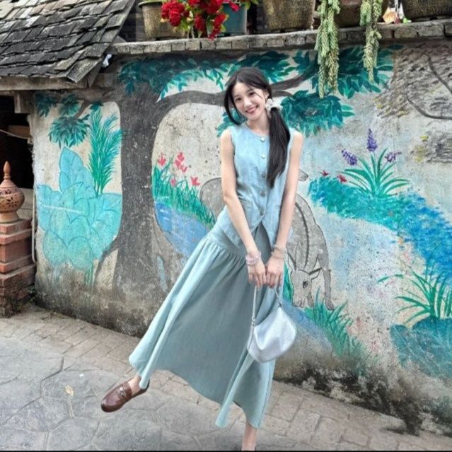 デニムセットアップ 爽やかノースリーブ ロングスカートセット