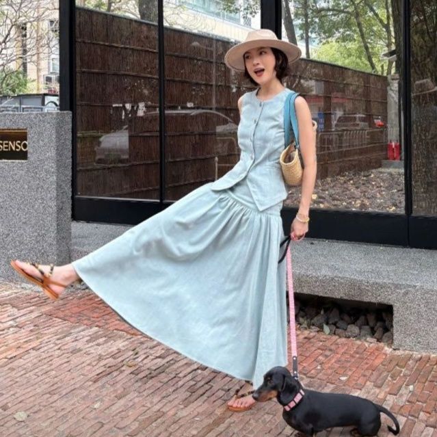 デニムセットアップ 爽やかノースリーブ ロングスカートセット