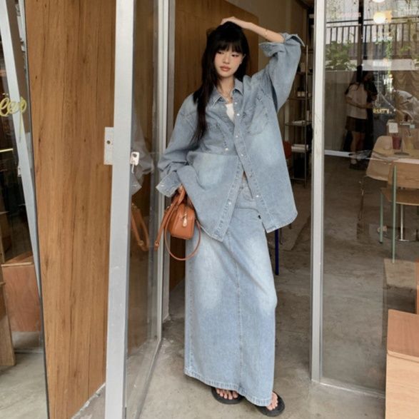 デニムセットアップ クロップド丈ジャケットスカートセット スカート