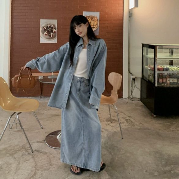 デニムセットアップ ゆったりシルエットデニムシャツとロング丈スカートの二点セット