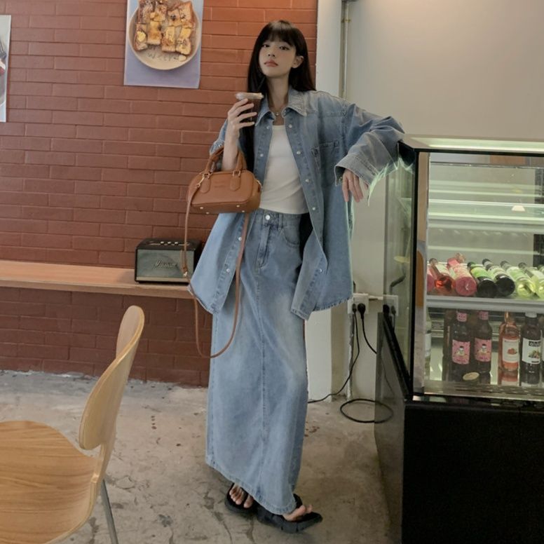 デニムセットアップ ゆったりシルエットデニムシャツとロング丈スカートの二点セット