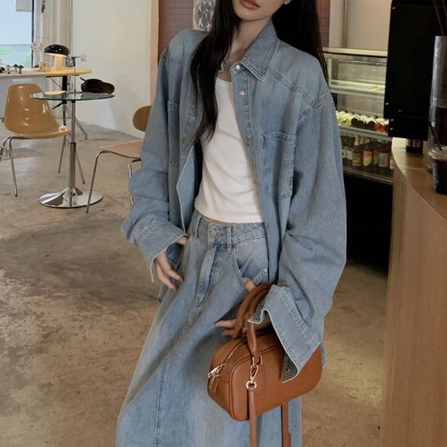 デニムセットアップ ゆったりシルエットデニムシャツとロング丈スカートの二点セット