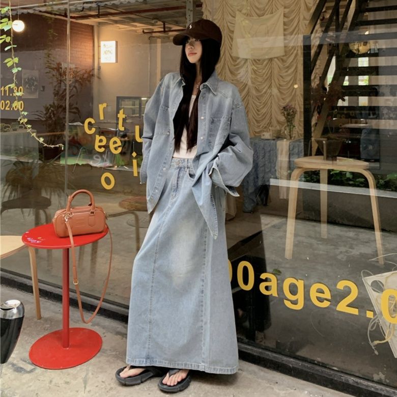 デニムセットアップ ゆったりシルエットデニムシャツとロング丈スカートの二点セット