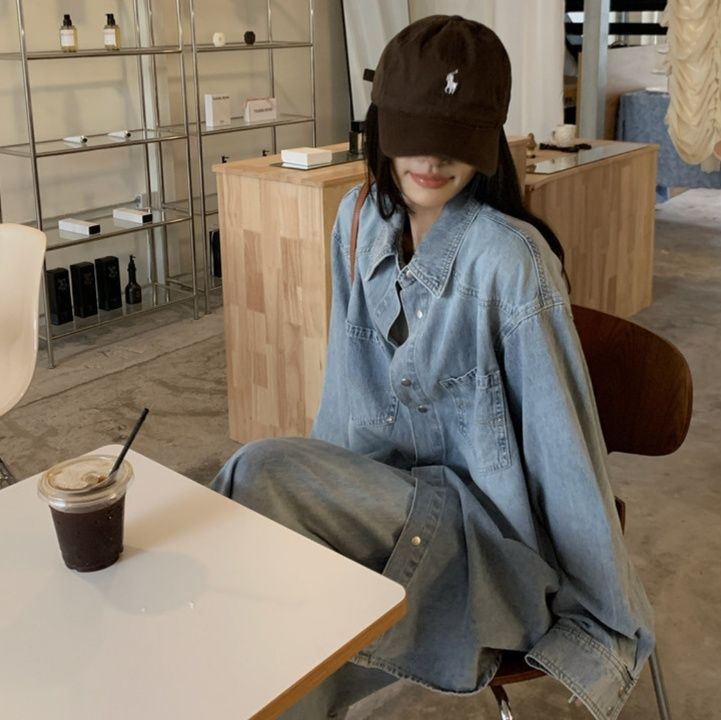 デニムセットアップ ゆったりシルエットデニムシャツとロング丈スカートの二点セット