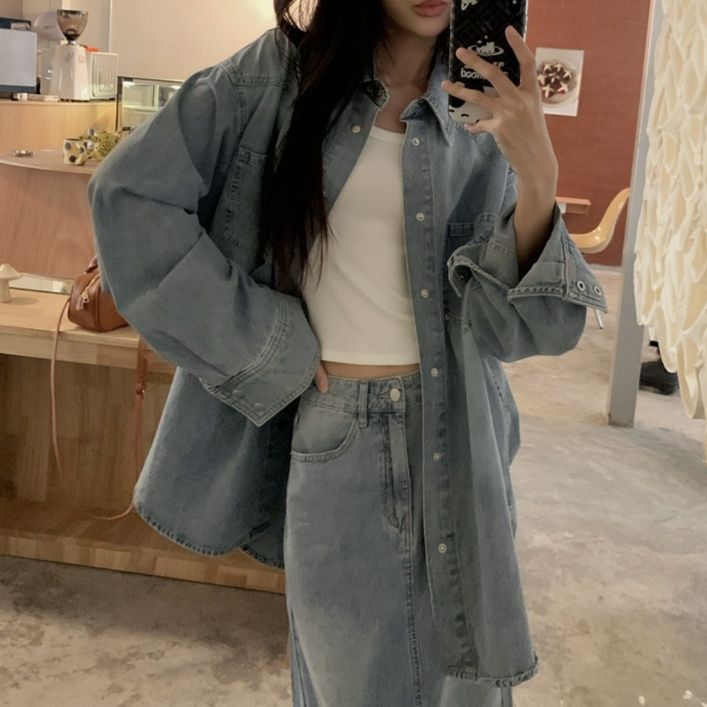 デニムセットアップ ゆったりシルエットデニムシャツとロング丈スカートの二点セット