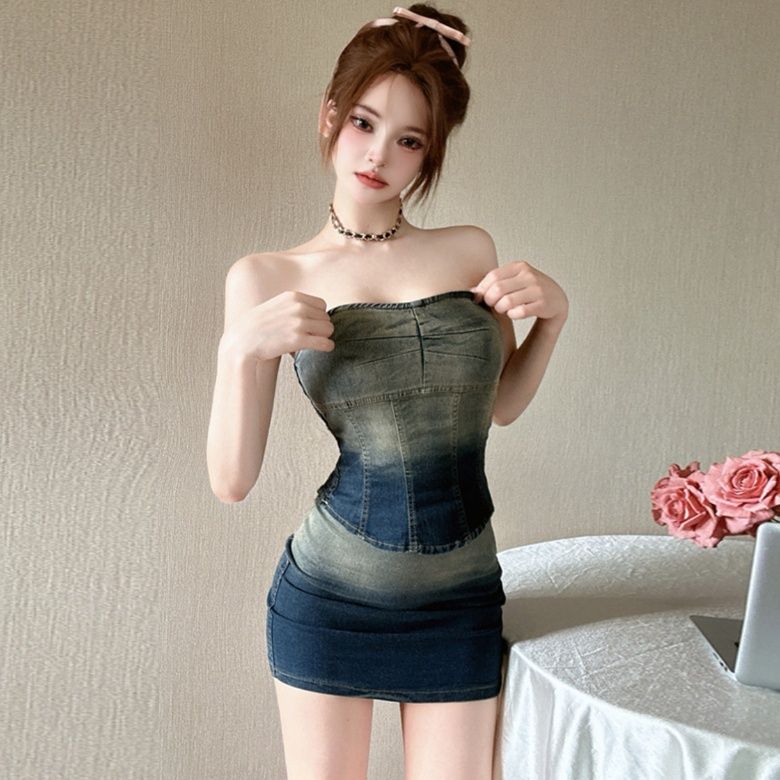 デニムセットアップ グラデーションデニムビスチェミニスカート二点セット