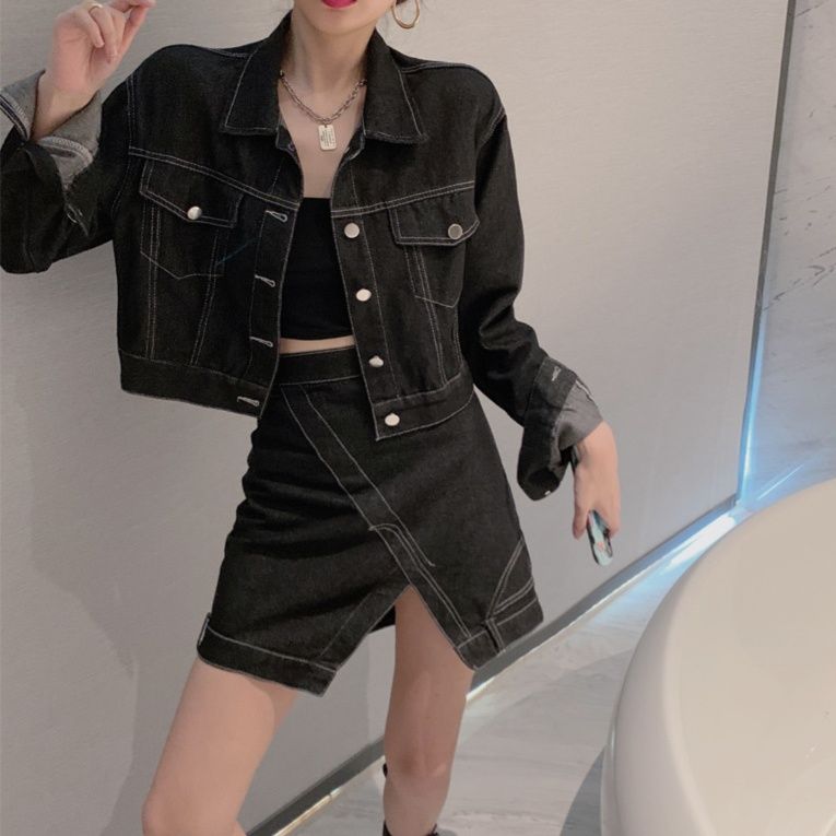 デニムセットアップ ショート丈ジャケットとアシンメトリーミニスカートの二点セット