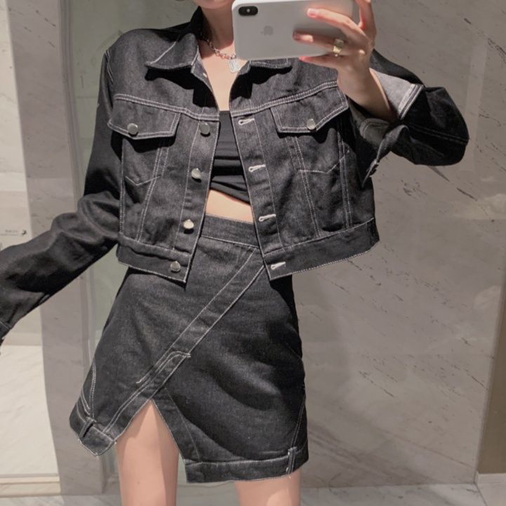 デニムセットアップ ショート丈ジャケットとアシンメトリーミニスカートの二点セット
