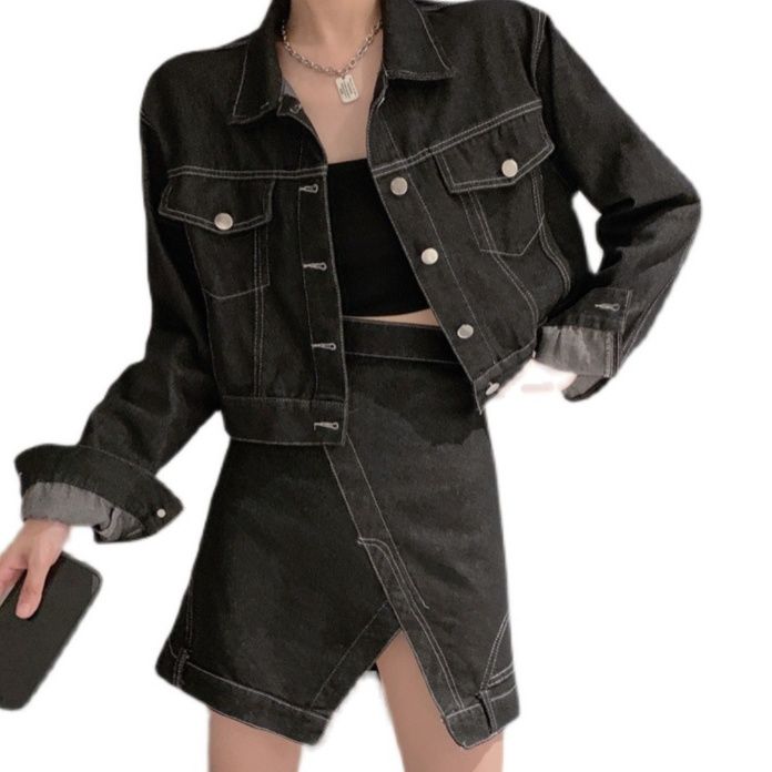 デニムセットアップ ショート丈ジャケットとアシンメトリーミニスカートの二点セット