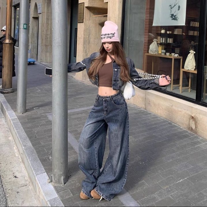 デニムセットアップ ショート丈ジャケットとワイドパンツのジージャンセットアップ