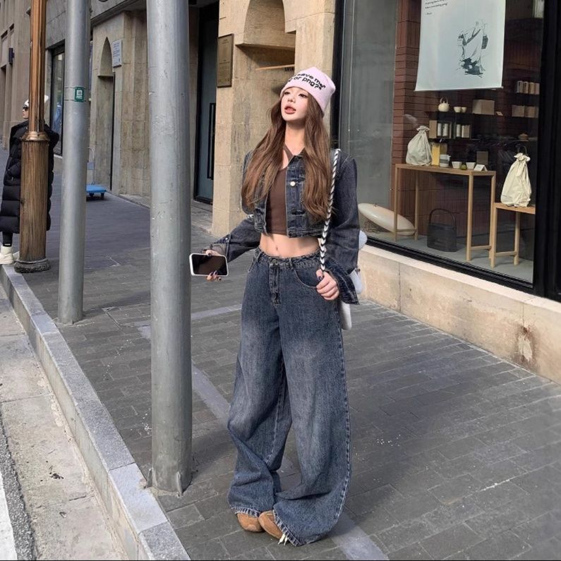 デニムセットアップ ショート丈ジャケットとワイドパンツのジージャンセットアップ