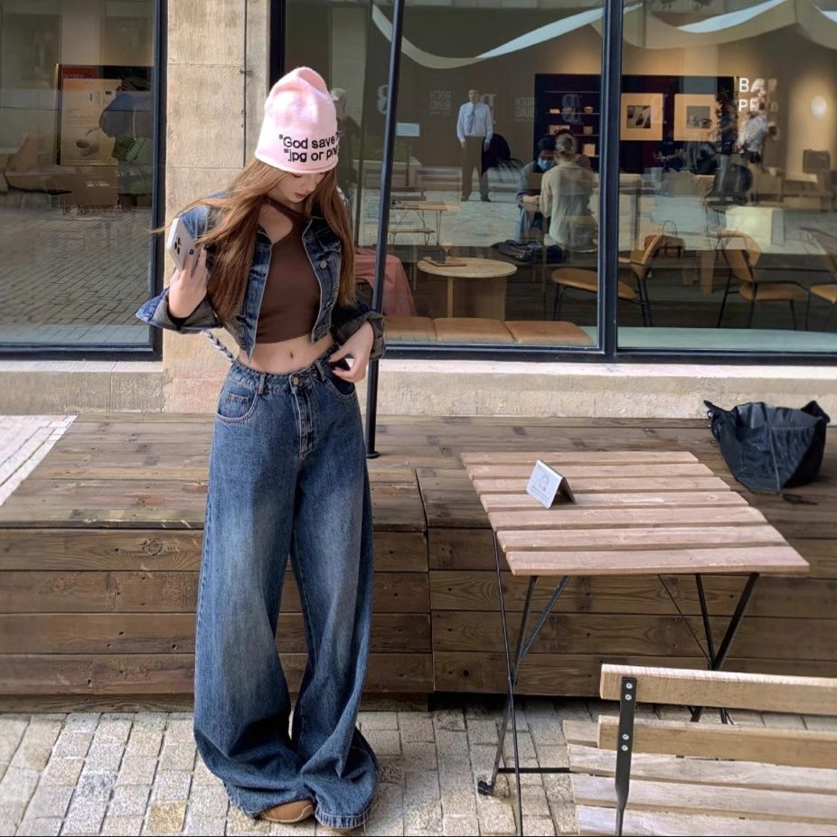 デニムセットアップ ショート丈ジャケットとワイドパンツのジージャンセットアップ