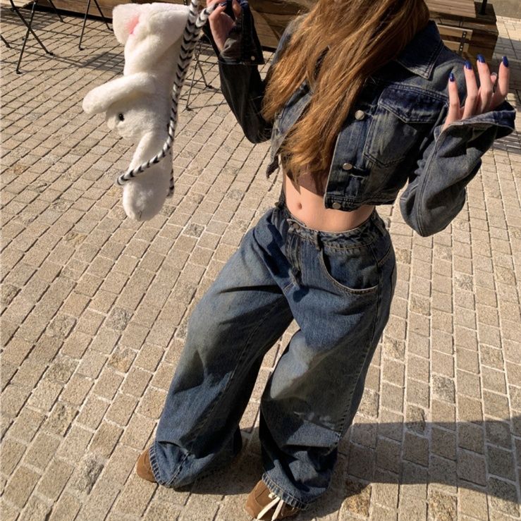 デニムセットアップ ショート丈ジャケットとワイドパンツのジージャンセットアップ