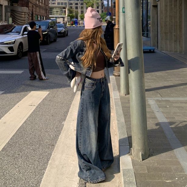 デニムセットアップ ショート丈ジャケットとワイドパンツのジージャンセットアップ