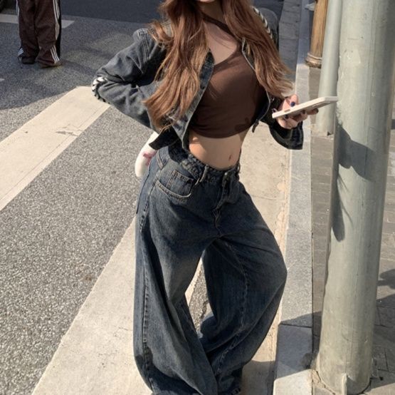 デニムセットアップ ショート丈ジャケットとワイドパンツのジージャンセットアップ