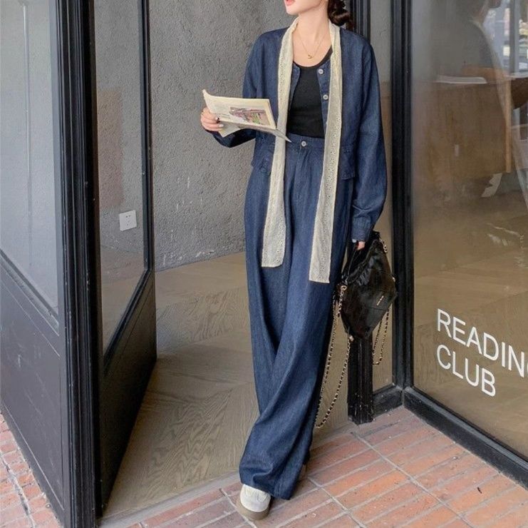 デニムセットアップ 上品ノーカラージャケットワイドパンツセットアップ