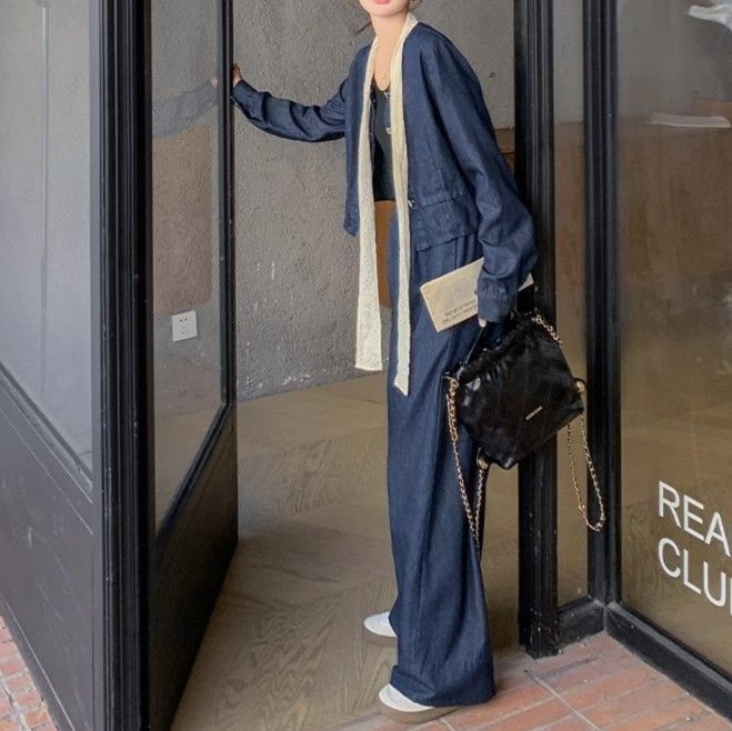 デニムセットアップ 上品ノーカラージャケットワイドパンツセットアップ