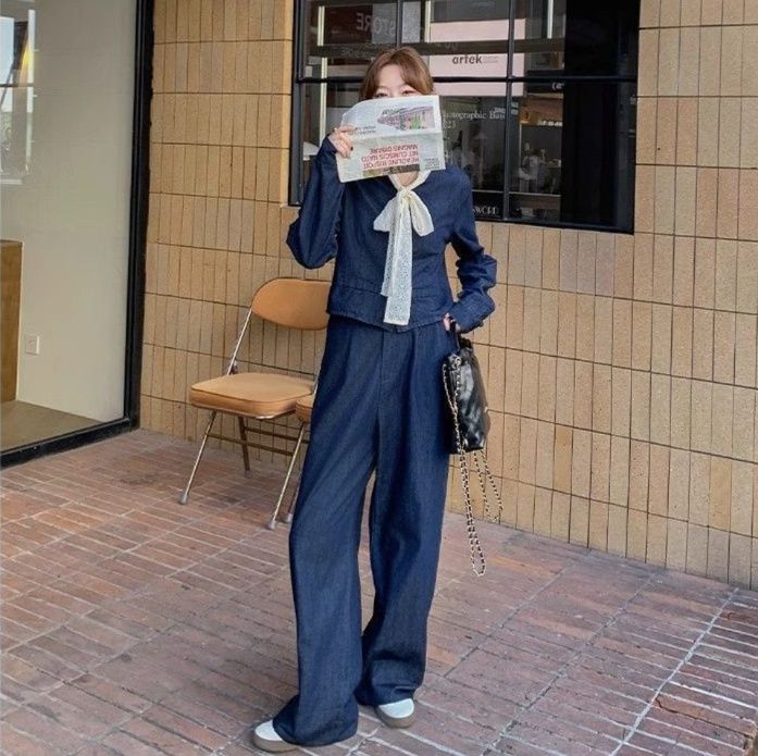 デニムセットアップ 上品ノーカラージャケットワイドパンツセットアップ