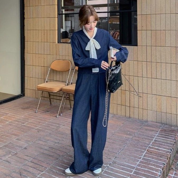 デニムセットアップ 上品ノーカラージャケットワイドパンツセットアップ