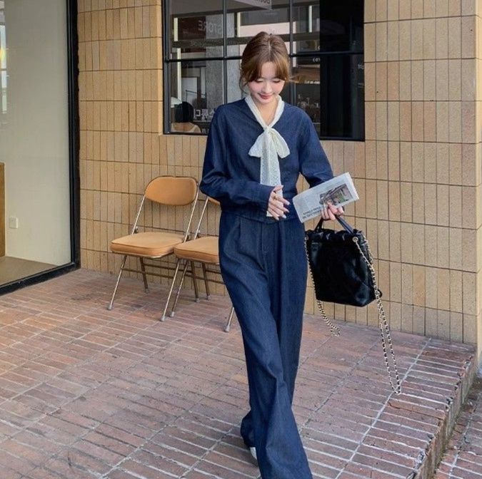 デニムセットアップ 上品ノーカラージャケットワイドパンツセットアップ