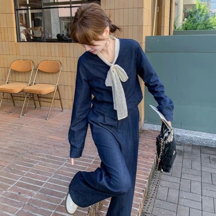 デニムセットアップ 上品ノーカラージャケットワイドパンツセットアップ