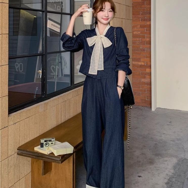デニムセットアップ 上品ノーカラージャケットワイドパンツセットアップ