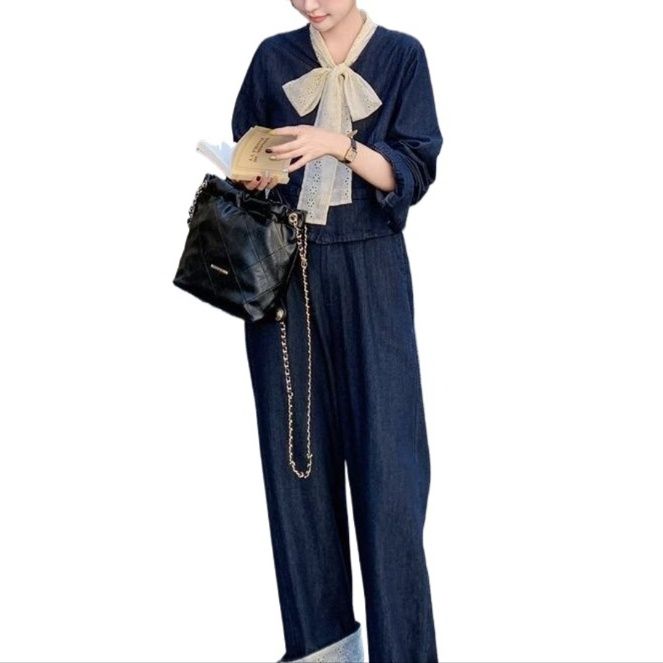 デニムセットアップ 上品ノーカラージャケットワイドパンツセットアップ