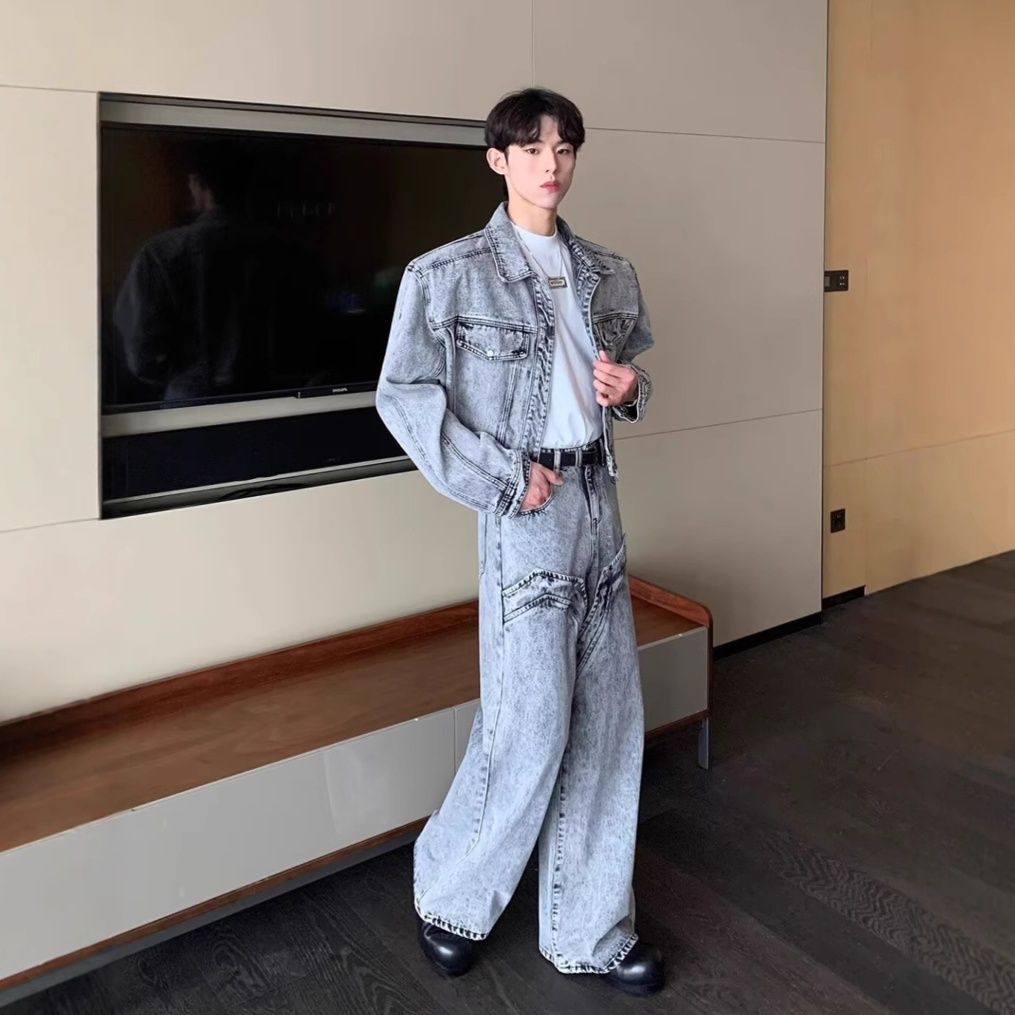 デニムセットアップ メンズ ヴィンテージ加工ワイドシルエットジージャンセットアップ