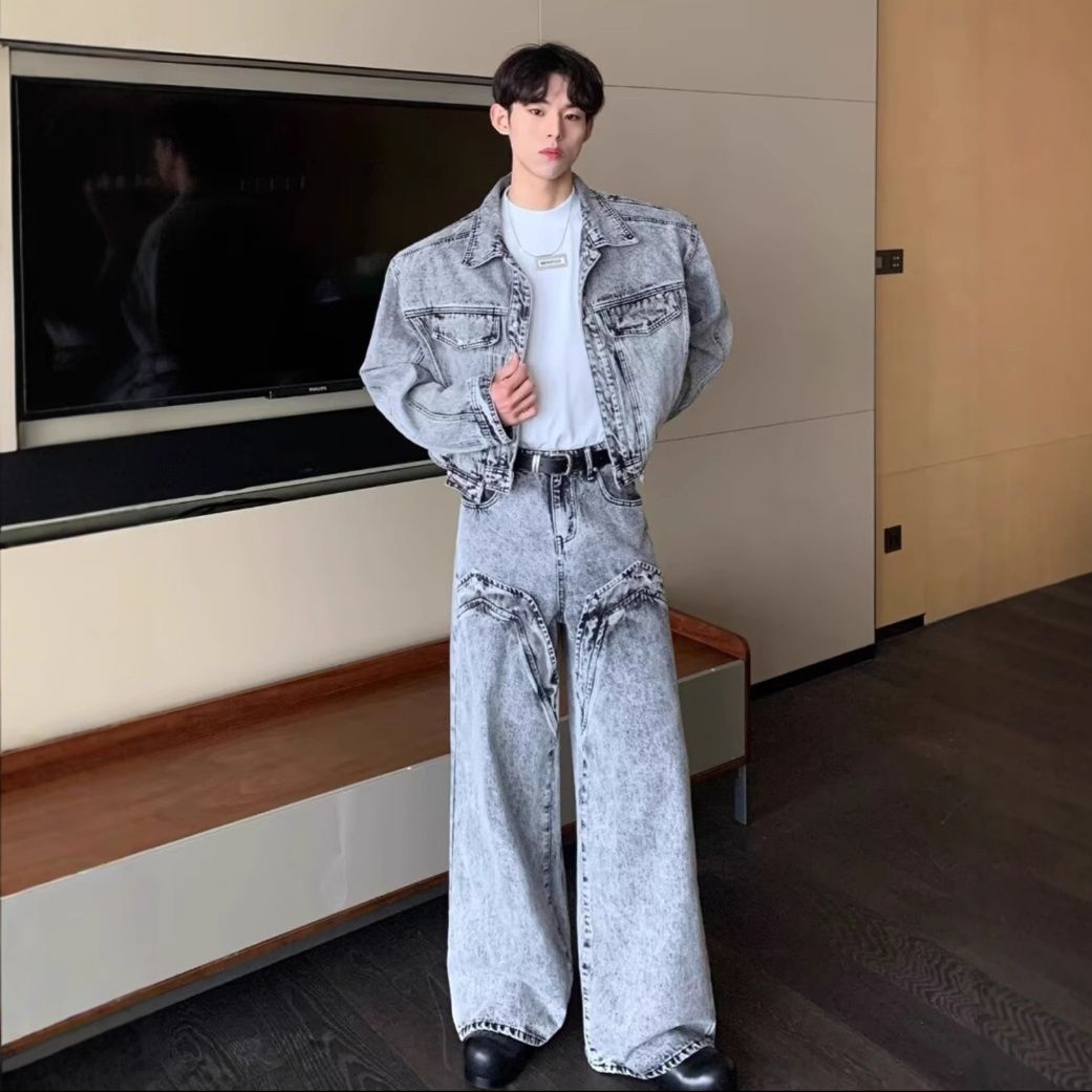 デニムセットアップ メンズ ヴィンテージ加工ワイドシルエットジージャンセットアップ