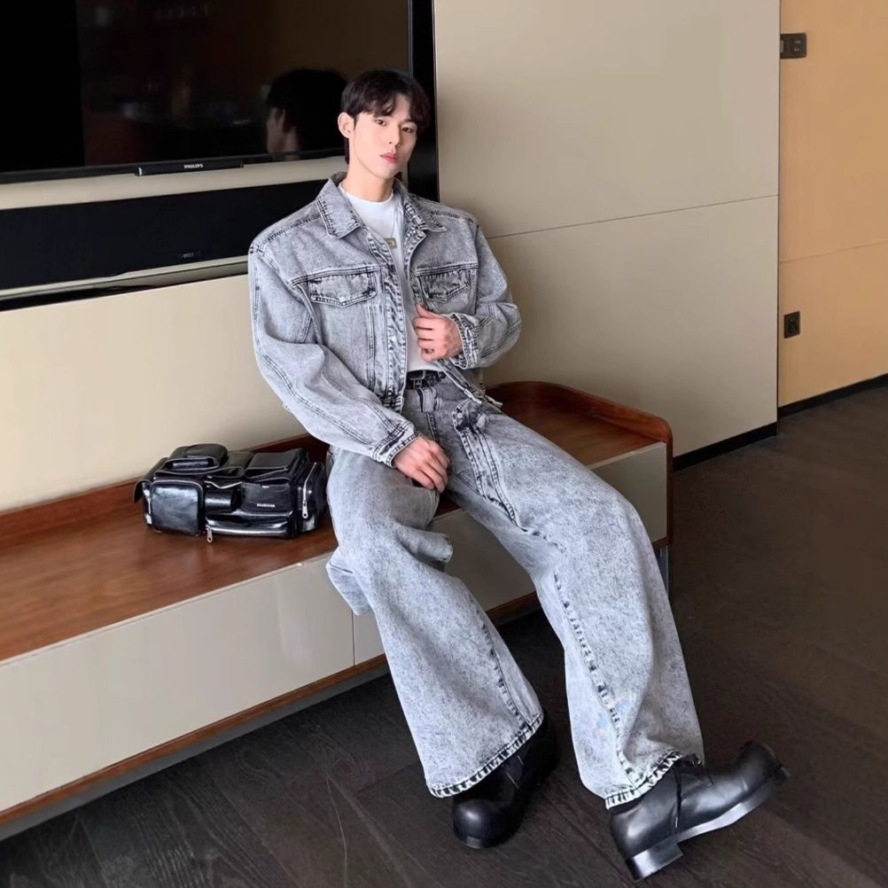 デニムセットアップ メンズ ヴィンテージ加工ワイドシルエットジージャンセットアップ