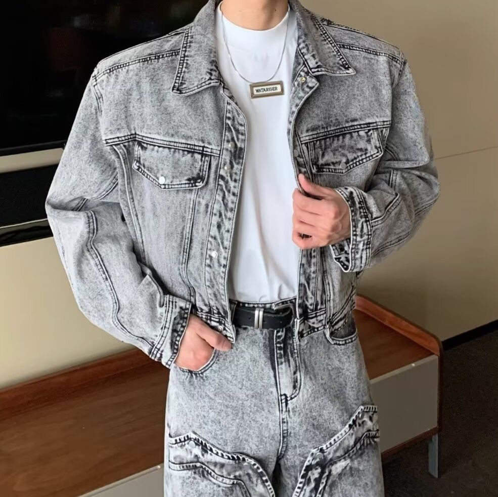 デニムセットアップ メンズ ヴィンテージ加工ワイドシルエットジージャンセットアップ