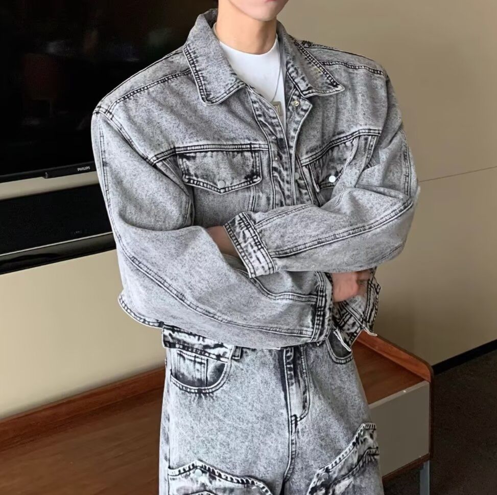 デニムセットアップ メンズ ヴィンテージ加工ワイドシルエットジージャンセットアップ
