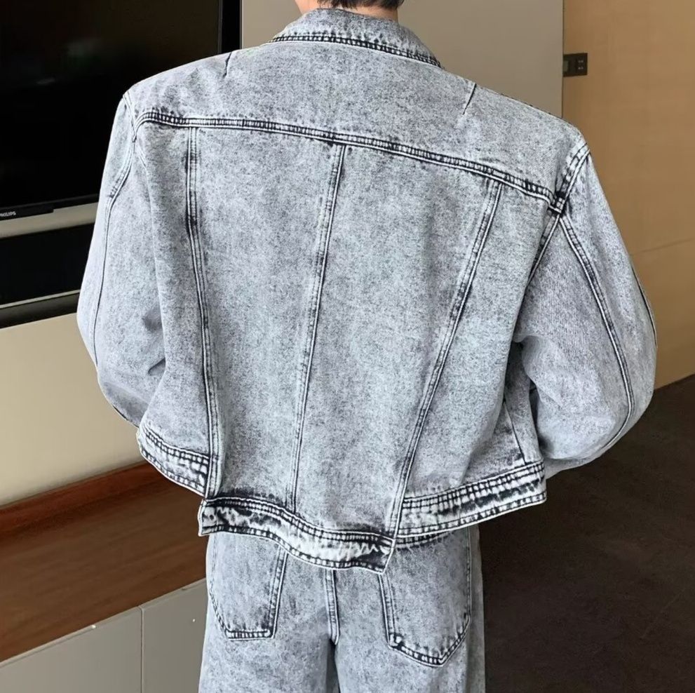 デニムセットアップ メンズ ヴィンテージ加工ワイドシルエットジージャンセットアップ