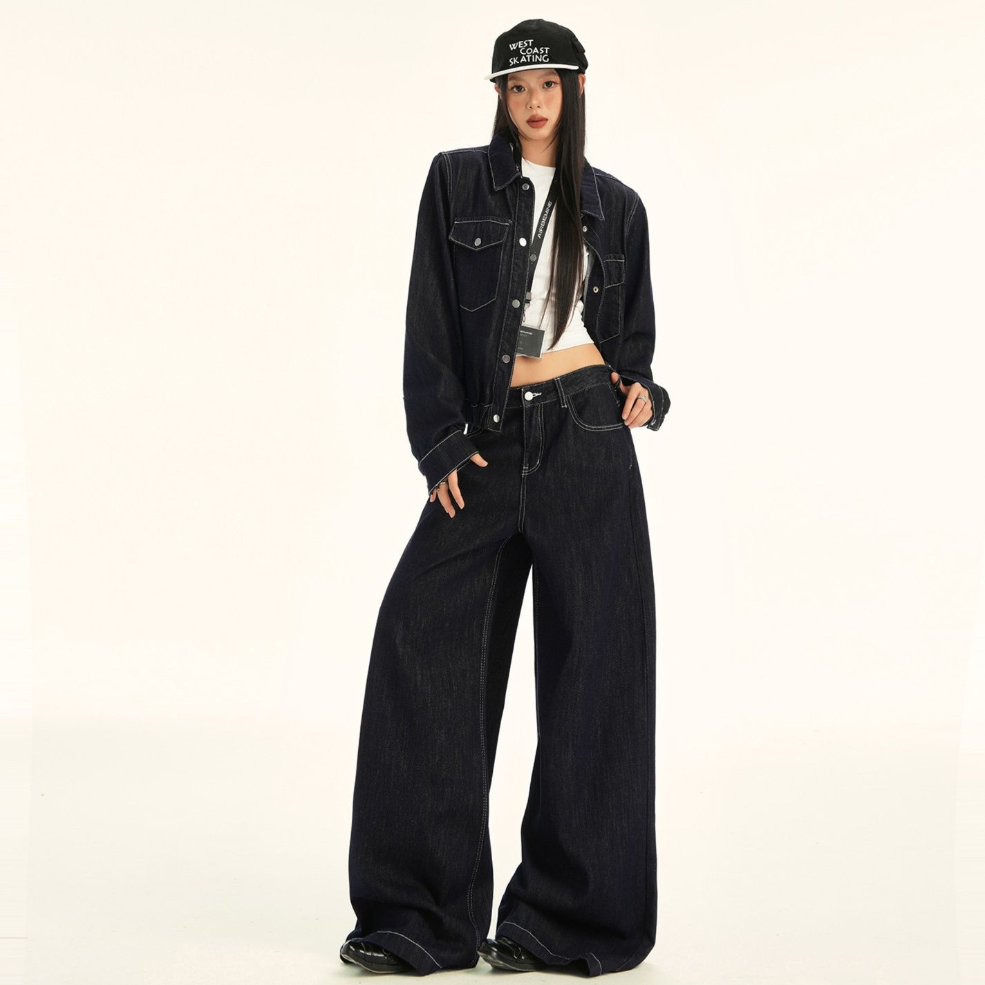 デニムセットアップ 配色ステッチワイドシルエットデニムジャケットパンツリジッド上下セット