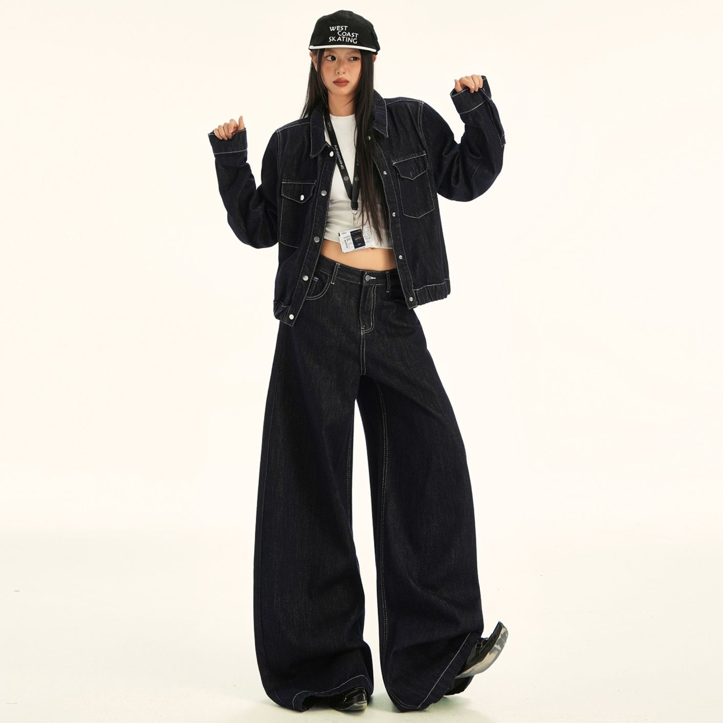 デニムセットアップ 配色ステッチワイドシルエットデニムジャケットパンツリジッド上下セット