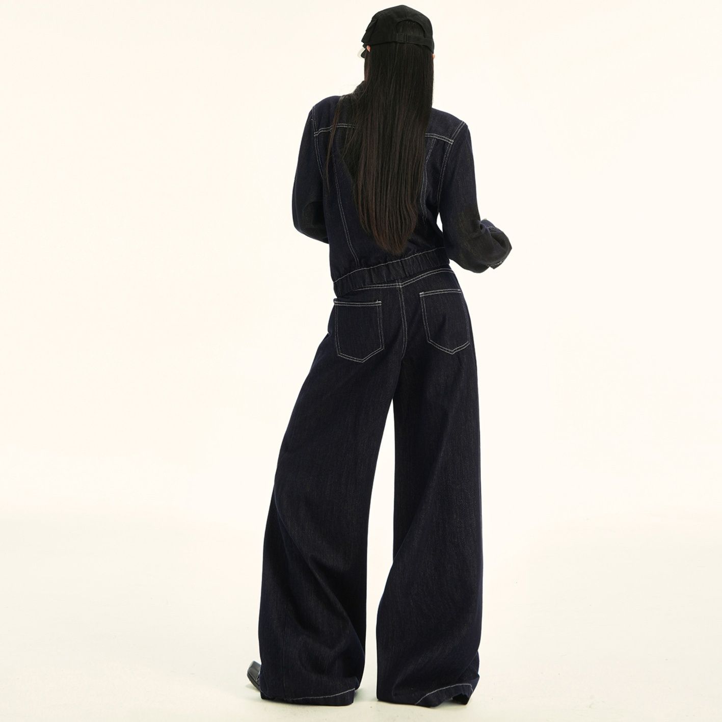 デニムセットアップ 配色ステッチワイドシルエットデニムジャケットパンツリジッド上下セット