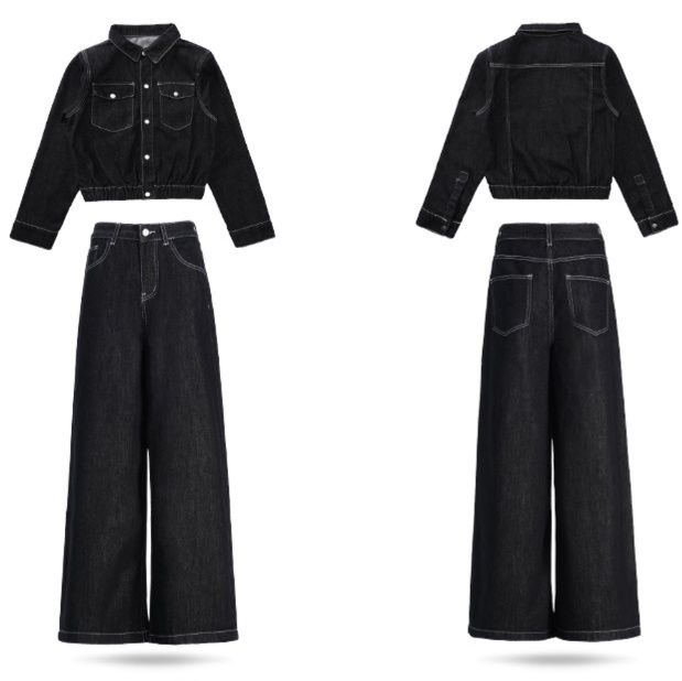 デニムセットアップ 配色ステッチワイドシルエットデニムジャケットパンツリジッド上下セット