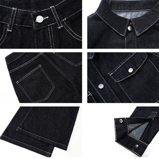 デニムセットアップ 配色ステッチワイドシルエットデニムジャケットパンツリジッド上下セット