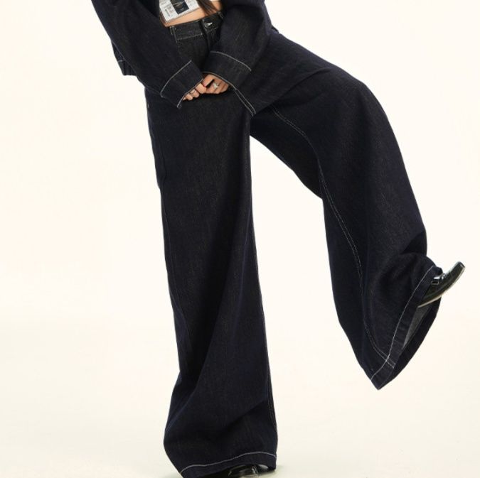 デニムセットアップ 配色ステッチワイドシルエットデニムジャケットパンツリジッド上下セット