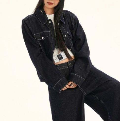 デニムセットアップ 配色ステッチワイドシルエットデニムジャケットパンツリジッド上下セット