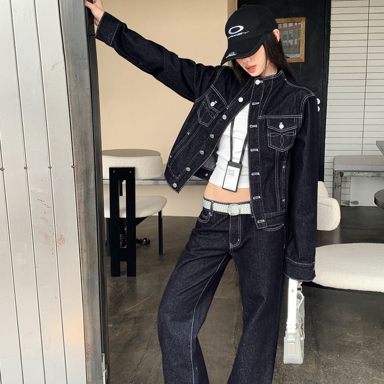 デニムセットアップ リジッドデニム ショート丈ジャケットとフレアパンツの二点セット